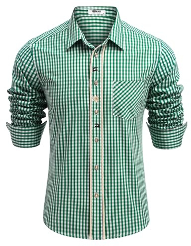 COOFANDY Herren Oktoberfest Hemd Langarm Baumwolle Trachtenhemd Kariertes Freizeithemd Bayrisches Karohemden Grün M