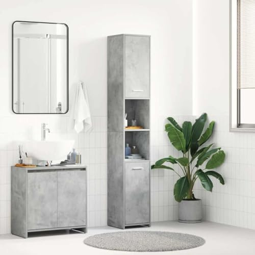 homiuse Mueble de baño Armario para escobas Armario Auxiliar de Madera Armario Multifuncional Contrachapado con Textura de hormigón Gris 30 x 30 x 183,5 cm