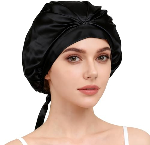 MOCOBO Seiden Schlafmütze aus 100% Maulbeerseide – 1 Stück, Luxuriöse Nachtmütze für Damen – Weiche Seidenhaube für Haarpflege, Schlaf, Beauty (Schwarz)