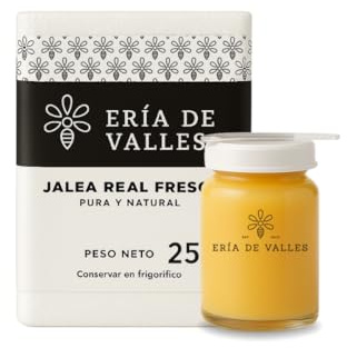 Eria de Valles Gelée Royale frisch, 100 % natürlich, 25 g, rein, ohne Konservierungsstoffe und in Kühlbox, mit Messlöffel, Energie und Vitalität, täglicher Verzehr, im Kühlschrank aufbewahren