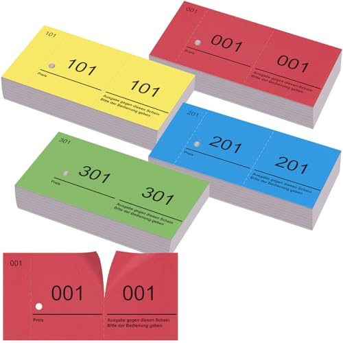 Nezyo Doppelnummern Blöcke 1-400 Tombola Lose Nummernblöcke 4 Farben 10 x 5 cm Nummerierte Abrisse mit Perforation Losblöcke für Garderobe Verlosung Events Messen Eintrittskarten Garderobenmarken