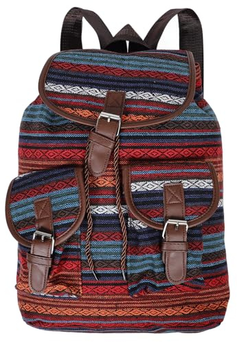 Parliky à Dos Vintage Femme Style Ethnique à Cordon Grand Volume Seau Rétro Plaid Rouge pour École et Loisirs