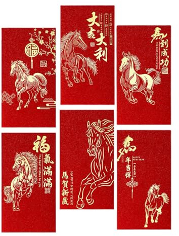 Buste rosse, design culturale, 6 pezzi, buste regalo con motivo cavallo, tema anno del cavallo, per celebrazioni, festival