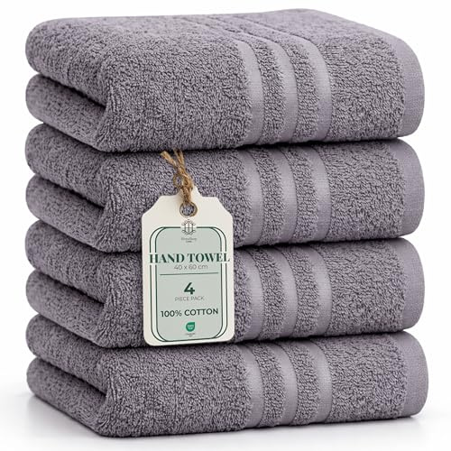 HomeBurg CORE 4-Piece Cotton Hand Towels for Bathroom and Kitchen | Value Pack, Soft, Absorbent, Compact, Lightweight, Portable, Minimalist, 40 x 60 cm, Steel Grey