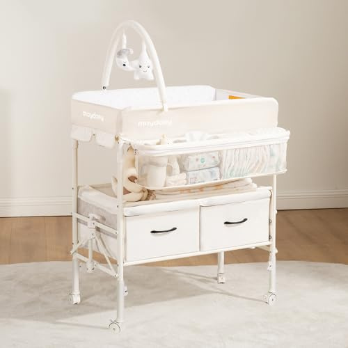 Maydolly Tragbarer Wickeltisch für Babys, Multifunktionaler Faltbarer Wickeltisch, Höhenverstellbar mit Rädern und 2 Aufbewahrungskörben, Wasserdichtes Sitzkissen zum Wickeln, Beige