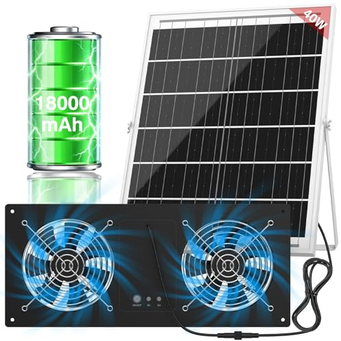 Ventilateur solaire 40 W avec batterie et minuterie pour poulailler, serre et abri de jardin | Ventilateur solaire haute vitesse 3500 tr/min, faible bruit, étanche IP65, pour extérieur, maison et fenêtre