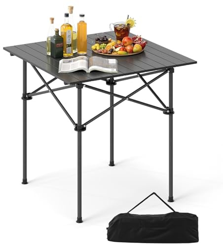 COSTWAY Aluminum Folding Camping Table, Roll Up Portable Picnic Table with Carrying Bag for 4-6 People, Steel Frame Fold up Dining Desk for Hiking Fishing BBQ (Square, Black)