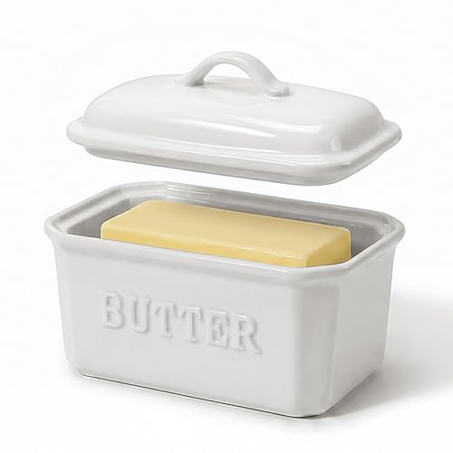 JSHKY Large Porcelain Butter Dish for 500g Or 250g Butter Block, White. | Butter Storage Container with Lid for Countertop, Gift for Mother’s Day, Housewarmings and Christmas