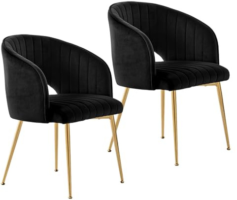 SUPPNEED Samt Esszimmerstühle 2er Set, esstisch stühle, Polsterstühle mit Armlehne, Gebogener Rückenlehne, Gold Beine, Küchenstühle, Sessel für Wohnzimmer, Schlafzimmer, Büro (2, Schwarz)
