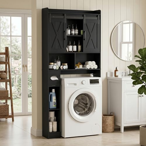 BonVache Waschmaschinenschrank mit 6 Offene Stauräume, Waschmaschinenregal mit Verstellbare Ablagen und Toilettenpapierfach, Seitenteil wahlweise Links oder rechts montierbar, Glanzschwarz