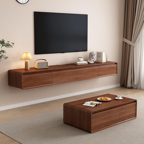 LVRUIEDS Mueble de TV Flotante – Consola Multimedia montada en la Pared con 2 Puertas abatibles y 2 cajones, Armario de TV para Centro de Entretenimiento, Estante de Video (Nogal, 160 cm)