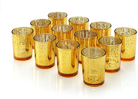 Artis Votiv Teelichthalter Glas 12er Set, Antik Gold Gesprenkelt | Kerzenhalter für Hochzeit, Party, Tischdeko und Wohnkultur, metallische Optik, bleifrei, 68mm hoch