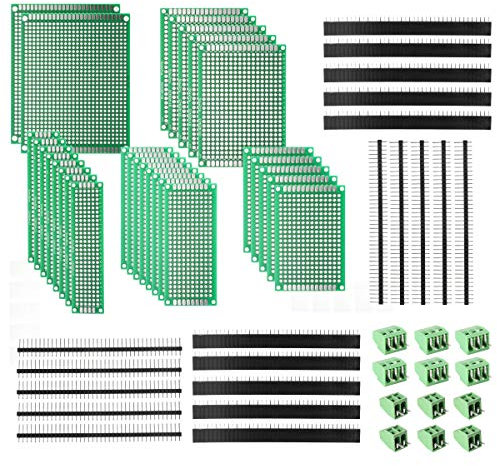 DEYUE - Juego de 60 placas de circuito impreso perforado - 28 circuitos de doble cara para prototipos - 20 conectores macho y hembra - 12 terminales - Para bricolaje