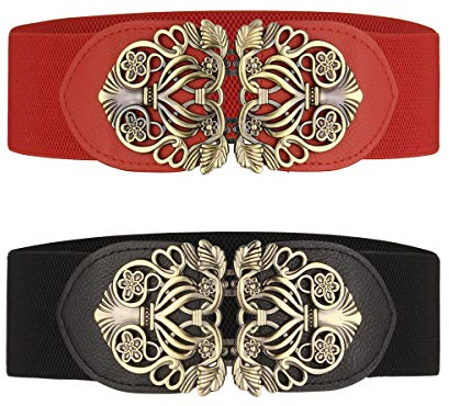 Brett midjeband med elastiskt midjeband för kvinnor, 2 delar, retro, elastiskt midjeband, Svart och röd, Convient à la taille 26-33 pouces