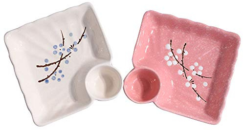 Whitenesser Sushi Plate Set of 2, Different Color Ceramic 7 Inch Plates with Vinegar Dish Serving for Dumpling, Snack, and Other Food