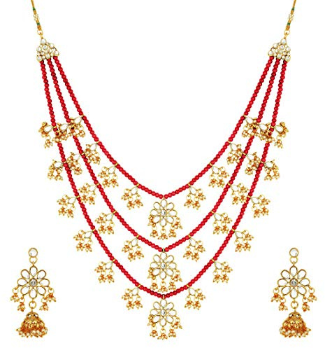 Aheli Ethnic Layered Faux Pearl Kundan Necklace Earring Set Indian Traditional Rani Har Wedding Bollywood Party Jewelry Gift for Women