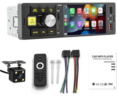 Radio estéreo para automóvil con Bluetooth y un solo DIN de 4,1 pulgadas con Android Auto/CarPlay/Mirrorlink con cable, compatible con USB y TIPO C/radio FM/tarjeta TF/entrada auxiliar+cámara de 4 LED