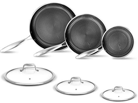 Nutrichef Tri-Ply Stainless Steel Skillet Set 6-Piece, 20cm, 25cm, 30cm Non-Stick Pans with Lids, Induction, Oven & Dishwasher Safe, for Camping Cooking, Ramen, Omlet, Kitchen Sets