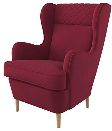 Furninero - Ohrensessel, Flügelstuhl, Flügel Sessel, Elegante genähte Kopfstütze, gerundete Beine, Majestic Velvet Wine Red Stoff (Fleckenresistent/Licht zu reinigende), Rot