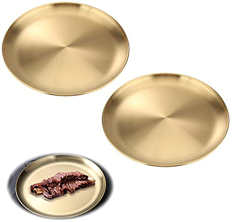 Ltsbaed Plats Ronds en Acier Inoxydable Décoratif Doré Rond Plateau de Service en Acier Inoxydable Plat de Présentation Assiettes Ronds Camping Gâteaux pour Cuisine de Présentation 2 Pièces (23cm)