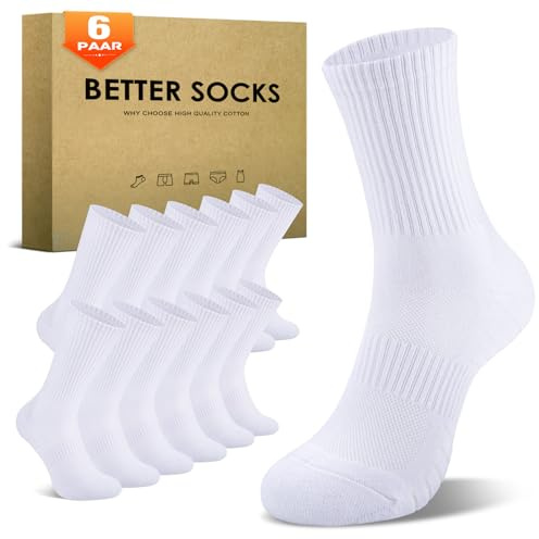 TUUHAW Socken Damen 39-42 Tennissocken Damen 6 Paar Sportsocken Herren Activewear Crew-Socken für Damen Baumwollsocken Laufsocken Wandersocken Atmungaktive Strümpfe,Weiß 39-42