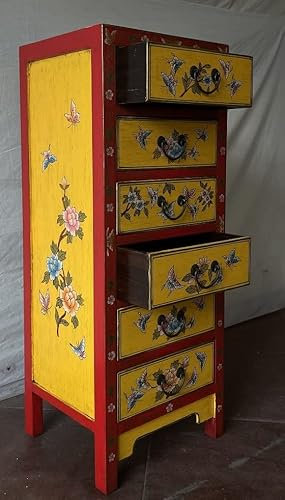 Kunibert Antike chinesische Kommode Tibet Anrichte Asia Sideboard Chinakommode mit 6 Schubladen Breite45xHöhe115cm Farbe: Rot mit gelb