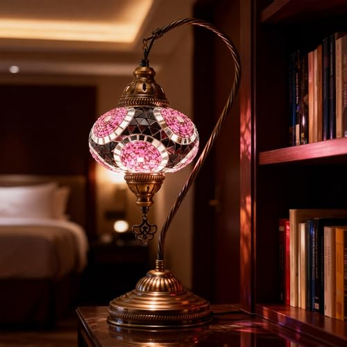 Mozaist Tiffany Style Mosaic Table Lamp, Turkish Moroccan Authentic Desk Light for Rustic Living Room Decor, Handmade Vintage Antique Mosaic Decorative Light with E12 Socket & US Plug (Purple)