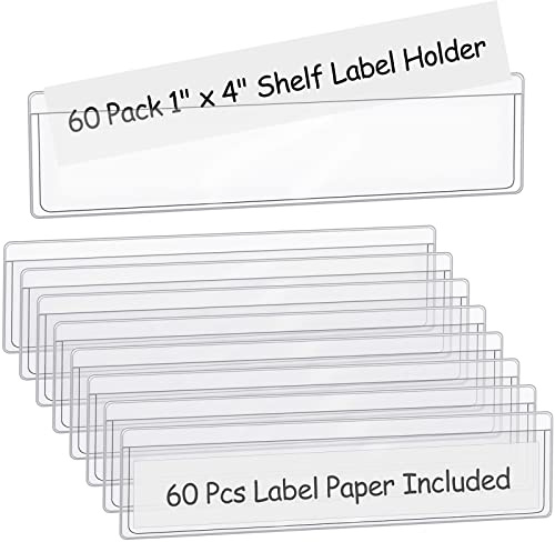 60 Pack 1.2 x 4.3 Self Adhesive Label Holders with 60Pcs Paper Label Inserts, Shelf Tag Label Holder Clear Pockets for Bookshelf Mailbox Shelves Storage Bins