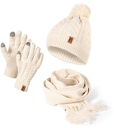 HEYO Damen Mütze Schal Winter Set | Gefütterte Strickmütze mit Bommel | Winterschal mit Fransen | Touchscreen Handschuhe (Beige)