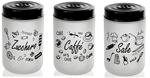 Utilissimi EDITACASA - Set contenitori - Tris Barattoli sale zucchero caffé con coperchio chiusura ermetica capienza 660ml vetro satinato - altezza 15 cm