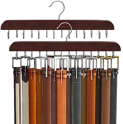 Gruccia per cinture per armadio, in legno robusto, accessorio per armadio con 14 ganci, supporto per cinture per ordinare e riporre, max 42 cinture, confezione da 2, mogano