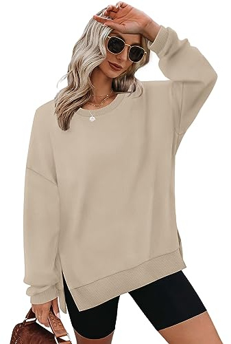 Aokosor Sweatshirts for Women Oversized Jumpers Ladies Tops Crewneck Long Sleeve Tops Side Split Beige Size 22-24