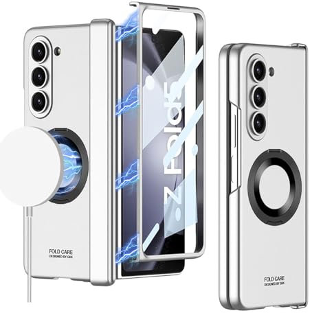 COQUE Étui de téléphone Galaxy Z Fold 5,Charnière Magnétique Housse de Téléphone Tout-en-Un Entièrement Couverte, de Téléphone Pliante avec Anneau pour Samsung Galaxy Z Fold 5 5G-Argent