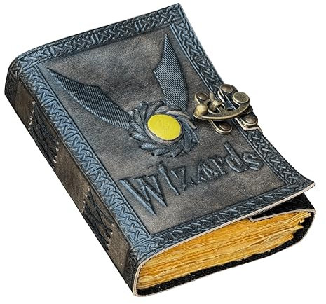 Wizards Leder-Tagebuch mit gelbem Halbedelstein und FlyingKey eingebetteter Rückseite, Vintage-Leder-Tagebuch, Buch der Schatten, blanko, Zauberbuch, Zauberei, Antik
