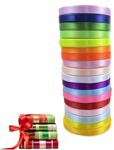 DIKARIYA Satinband für Maibaum, 18 Farben Geschenkband Schleifenband Maibaum Bänder Bunte Mini Dekoband Stoffband Bänder zum Basteln 22mx10mm Dekoratives Band für DIY Geschenkschleifen Hochzeits Deko