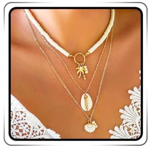 Ushiny Boho Halskette mit mehrlagiger Kette, goldfarbene Muschel Anhänger, 3 Stück, für Frauen und Mädchen