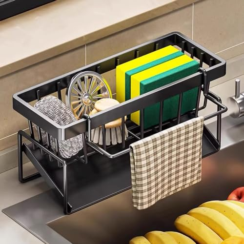 LIAYTRSS Spülbecken Organizer Schwammhalter, Küchen Organizer Spüle Edelstahl, Waschbecken Organizer Küche Selbstentleerend für Küche Badezimmer, Abnehmbarer Spültuchhalter Sink Organizer (Schwarz)