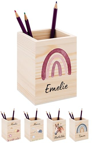 Bärenfreunde® - Personalisierter Stiftehalter Kinder aus Holz - Kreativer und praktischer Schreibtisch-Organizer Kinder mit Namen - Perfektes Einschulung Geschenk und Geburtstag (Regenbogen rosa rot)