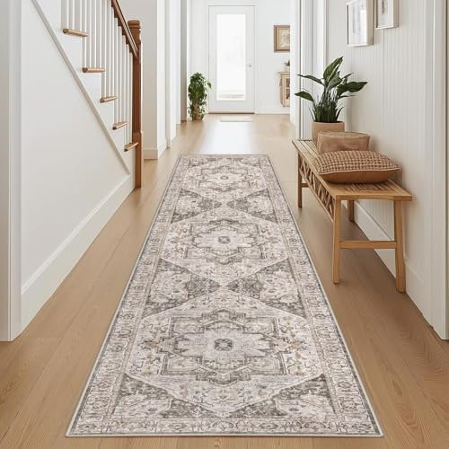 HUGEAR Vintage Braun Waschbarer Teppich 60x240cm LäUfer Flur rutschfest Weich Vorzimmer Tepich Kurzflor Schlafzimmer Retroteppiche KüChe Bedroom Brücken Hallway Carpet