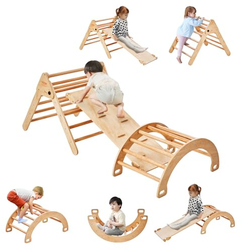 VEVOR Pikler Triangle Set Climber 5 in 1, Toddler Climbing Toys Indoor Folding with Arch&Ramp&Ladder for Montessori Play Gym for Toddlers and Kids, Wooden Color, Large Size