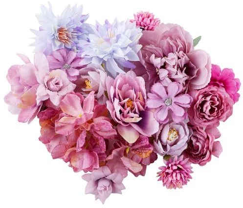 Luckwaii Blumen Deko Kunstblumen Köpfe, Künstliche Blumen Seidenblumen Mischen Sie Dahlienrosen Fake Flowers Blumen für Torte DIY Basteln Scrapbooking Hochzeit Party Home Handwerk Deko（Lila）