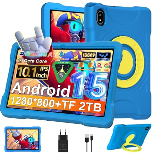 Tablette Android 15 10 Pouces avec 30Go RAM+TF 2To,Octa-Core/GMS,Gemini AI/Widevine L1,WiFi 6/Bluetooth 5.0,5MP+8MP/1280*800, Contrôle Parental Tablette Tactile avec EVA Cas+360° Rotatif Support-Noir