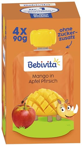 Bebivita Mango in Apfel Pfirsich Quetschie – 16 Stück (4er Pack, je 4 x 90g), ohne Zuckerzusatz, glutenfrei, ideal für unterwegs und selbständiges Snacken