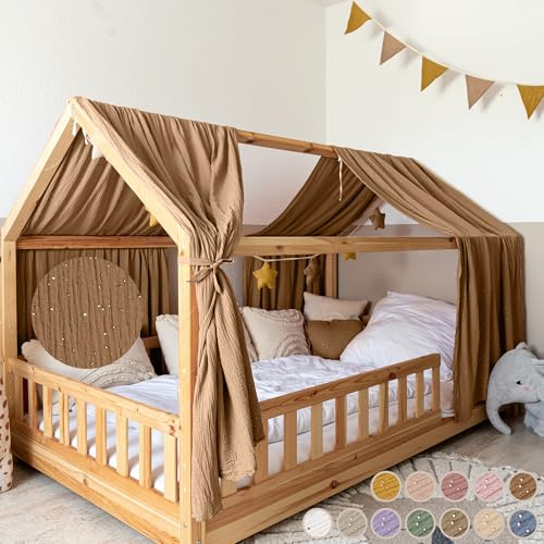 lilimaus Hausbett Himmel mit Gold Applikation [in 12 Farben] Betthimmel | Hausbett aus 100% Baumwolle Musselin - Stoffhimmel für Hausbett Deko Mädchen, Jungen - Himmel für Hausbett Kinderbett Vorhang