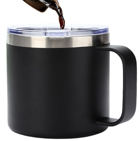 Pzuryhg Vasos portátiles para viajes, vasos de acero inoxidable, taza de doble pared de 12 onzas, tazas de café a prueba de derrames, tazas de café con tapa y asa, tazas de café de viaje, tazas de