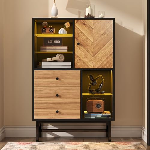 Idemon Vitrina con iluminación ambiental de 12 colores, armario de cocina con cajones y estantes de cristal, grano de madera triangular