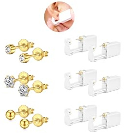 WillTen 6 st öronpiercingkit i silver, guld, engångs öronpiercingkit med öronpiercing, öronpiercingpistol, kit med inbyggda dubbar, piercingkit, piercingpistol, självpiercingpistol