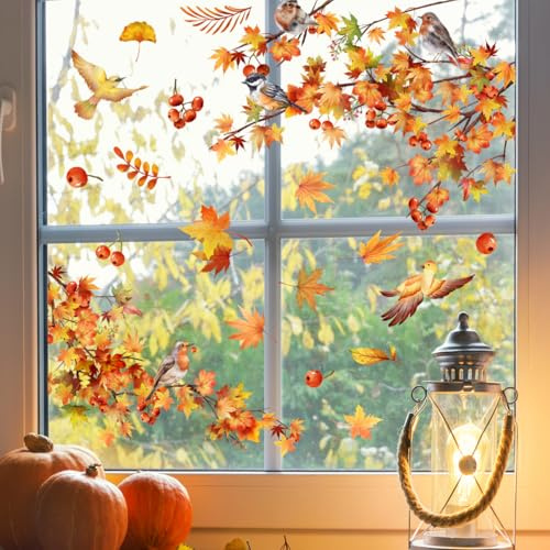 AIBIIN Herbst-Fensteraufkleber, Herbst-Ahornblätter, Vögel, Fensteraufkleber für Heimdekoration, saisonale Aufkleber für Glastüren, Fenster mit leuchtend gelben Blättern