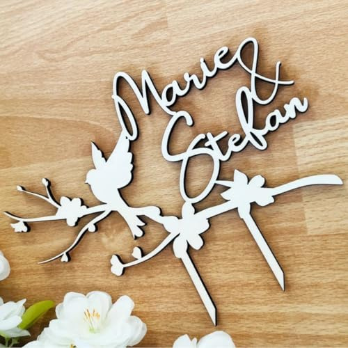 NoriKids Cake-Topper personalisiert – aus Holz – Motiv Taube, Ast & Namen | Tortendeko Hochzeit – handgefertigter Tortenstecker – individuelle Hochzeitsdeko – personalisierte Geschenke