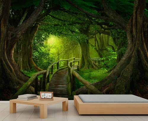 FACADUP Jungle Murals, Green Rainforest Wooden Bridge Wall Murals, Tropical Scenery Wallpaper for Bedroom Living Room Decor 100x70cm Artwork Wilderness Scenic Picture (Not Self-Adhesive)